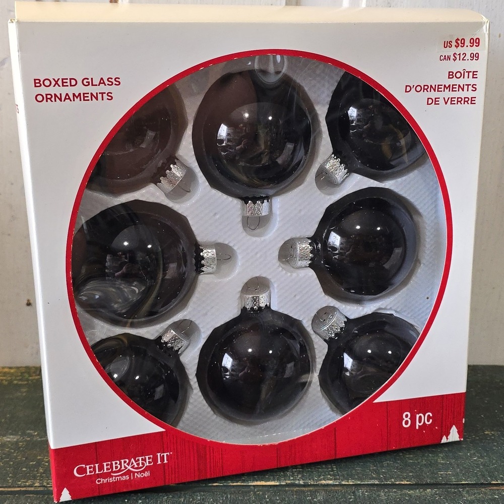 Celebrate It Box of 8 BLACK Glass Christmas Ball Ornaments 2.5" NEW